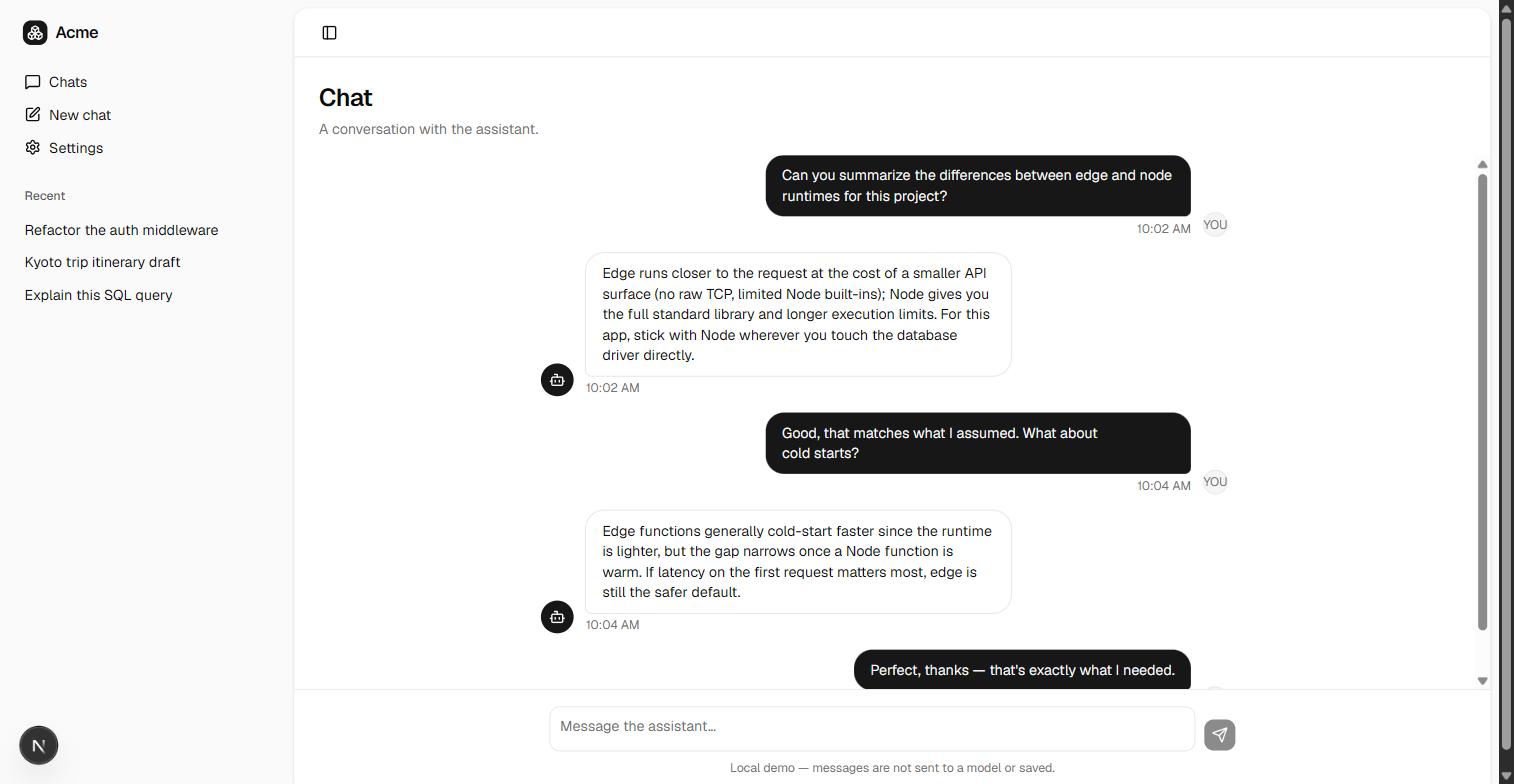 Next.js 16 (App Router) chat starter — the chat surface, rendered from the verified UI