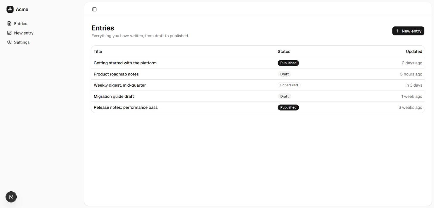 Next.js 16 (App Router) content starter — the editor, rendered from the verified UI