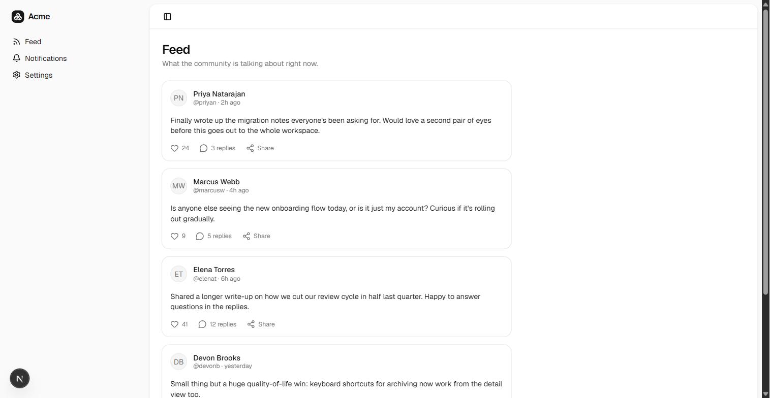 Next.js 16 (App Router) feed starter — the feed, rendered from the verified UI