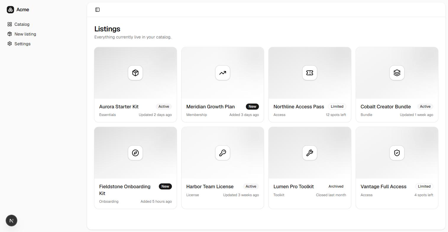 Next.js 16 (App Router) listing starter — the catalog, rendered from the verified UI